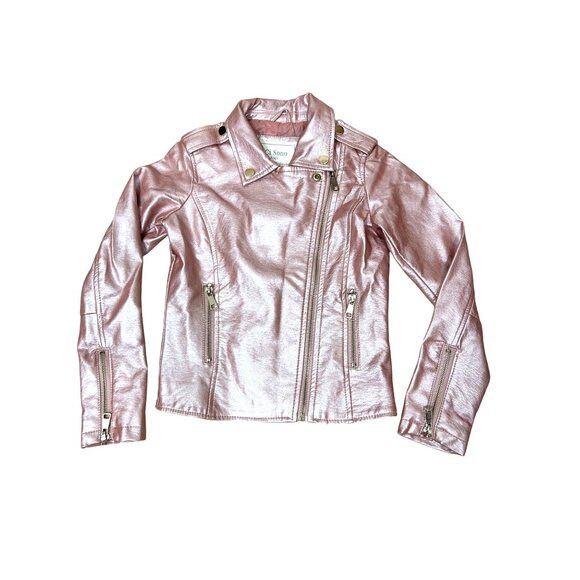 Ci Sono Kids Girl Moto Biker Jacket 8 Metallic Pink Faux Leather Zipper Pockets - Picture 13 of 14